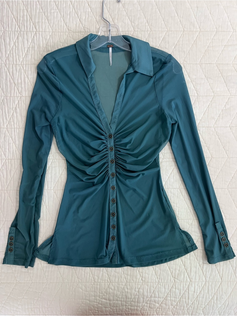 Free People Ruched Teal Button-Front Long Sleeve Mesh Shirt